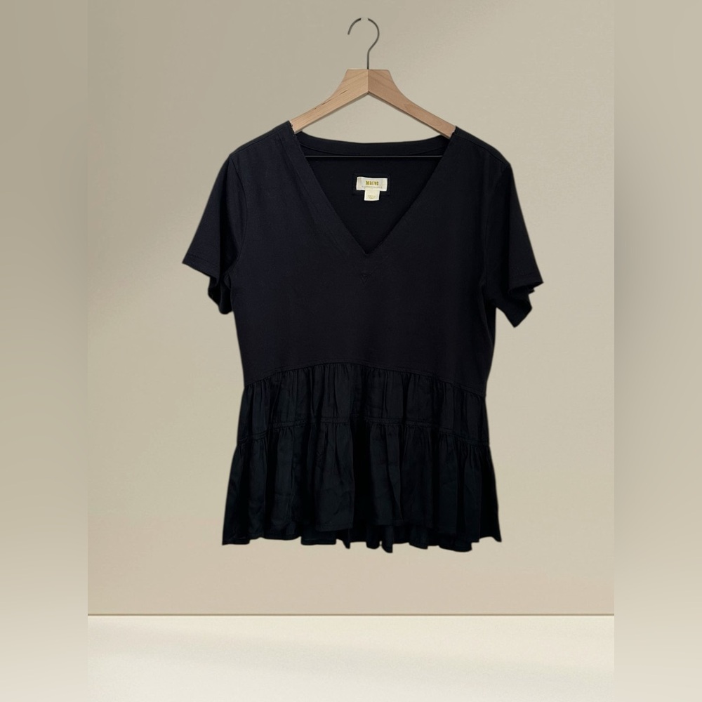 Anthropologie Women’s Maeve Black Cotton V-Neck Ruffle Hem Top Blouse Size S - Picture 2 of 12